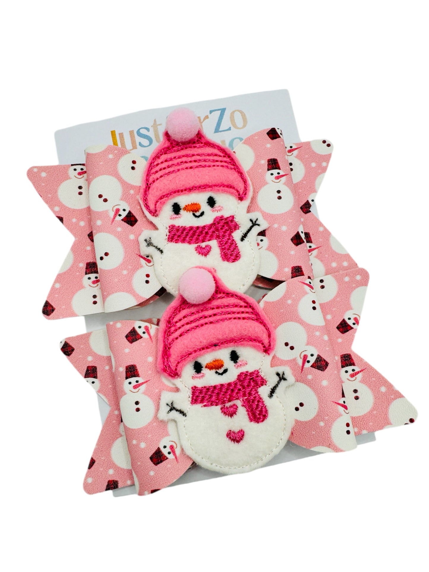 Pink Snowman Pigtail Bow Set, Christmas.